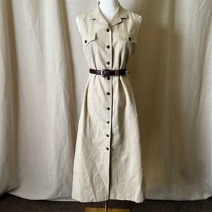 Talbots Linen Cotton Safari‎ Shirt Dress Petite 10P Neutral Button Front Midi
